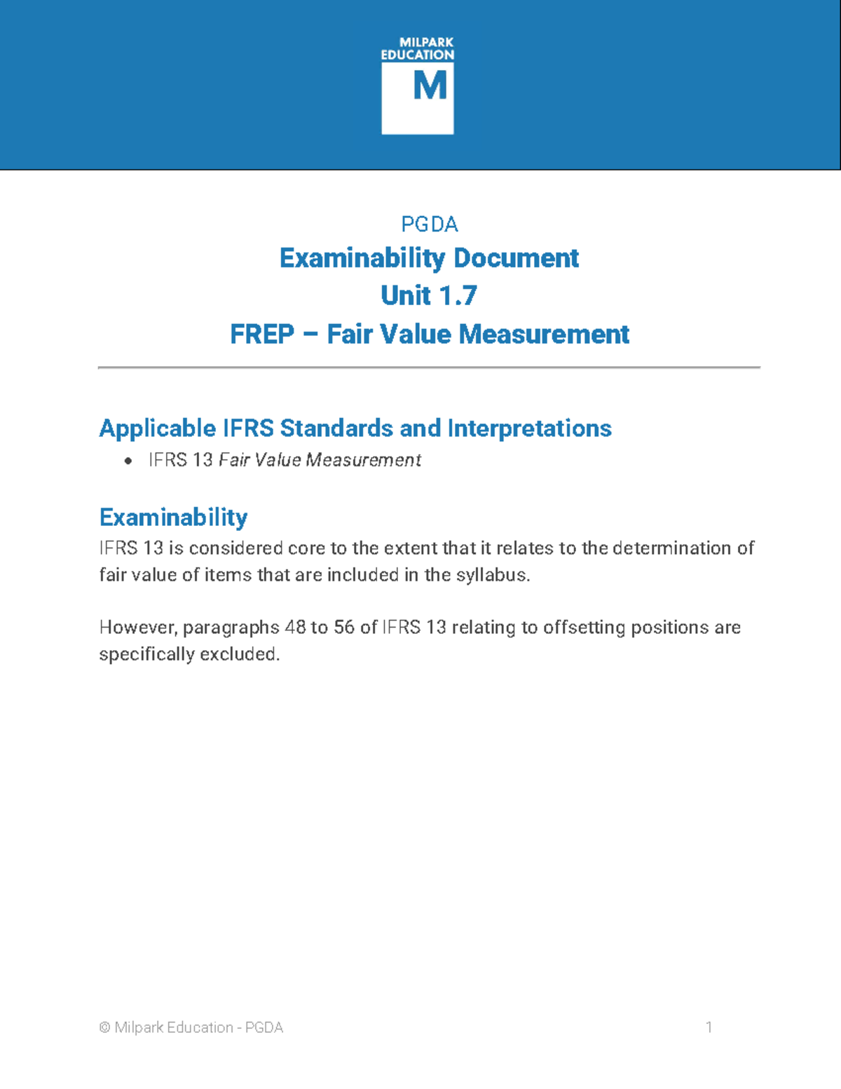 Fair Value Measurement - Examinability Document - ACC2012W - © Milpark ...