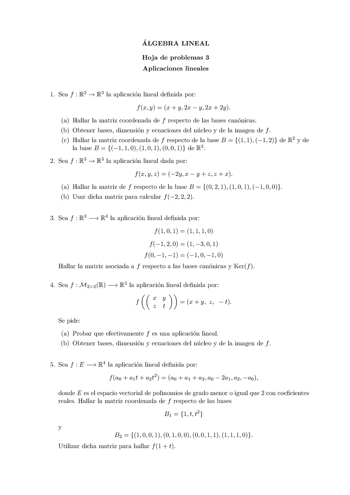 Hoja Tres AL - Ejercicios - ALGEBRA LINEAL ́ Hoja De Problemas 3 ...