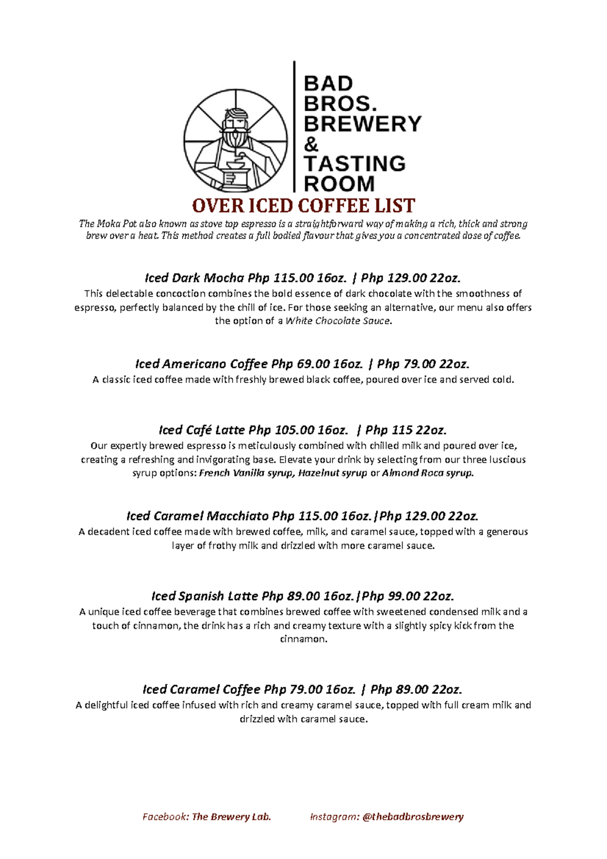 Bad brewery Menu a sample of menu wrting OVER ICED COFFEE LIST The