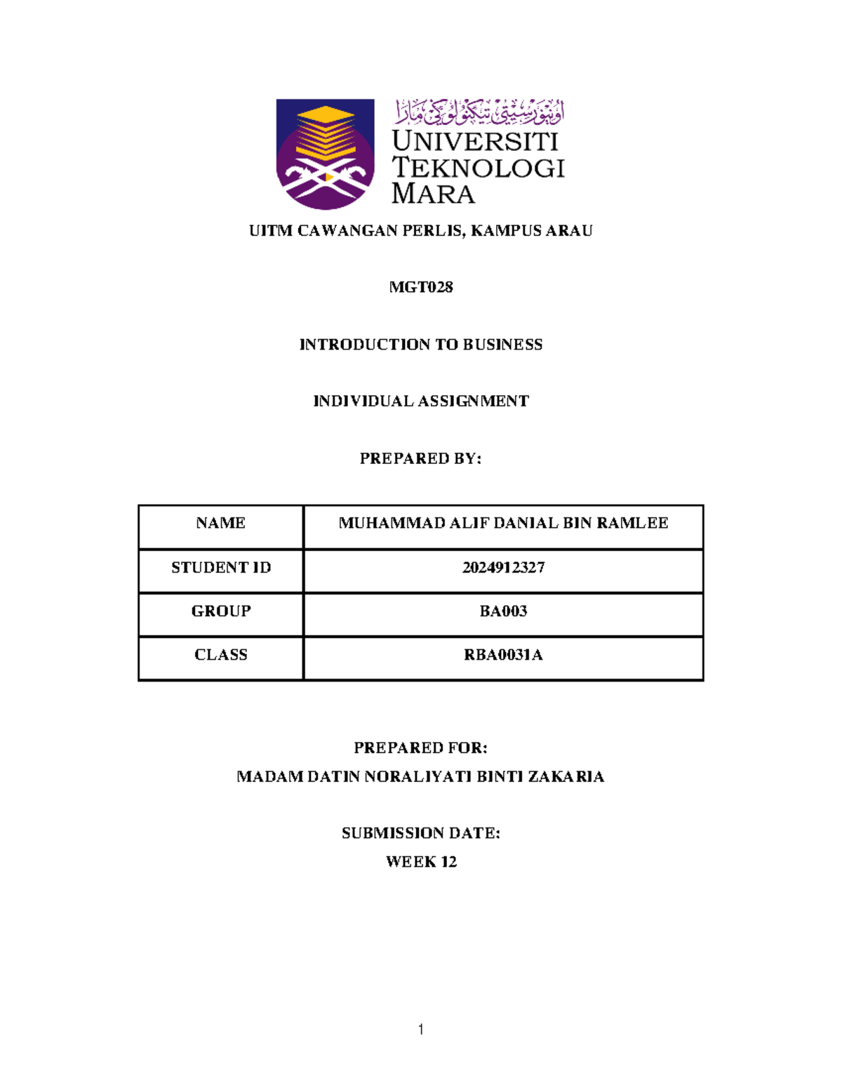 INDIVIDUAL ASSIGNMENT MGT028 - UITM CAWANGAN PERLIS, KAMPUS ARAU MGT ...