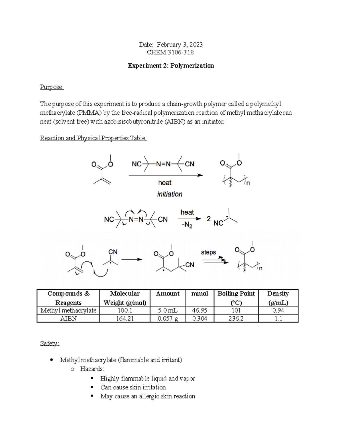 Lab 2: Polymerization - Date: February 3, 2023 CHEM 3106- Experiment 2 ...