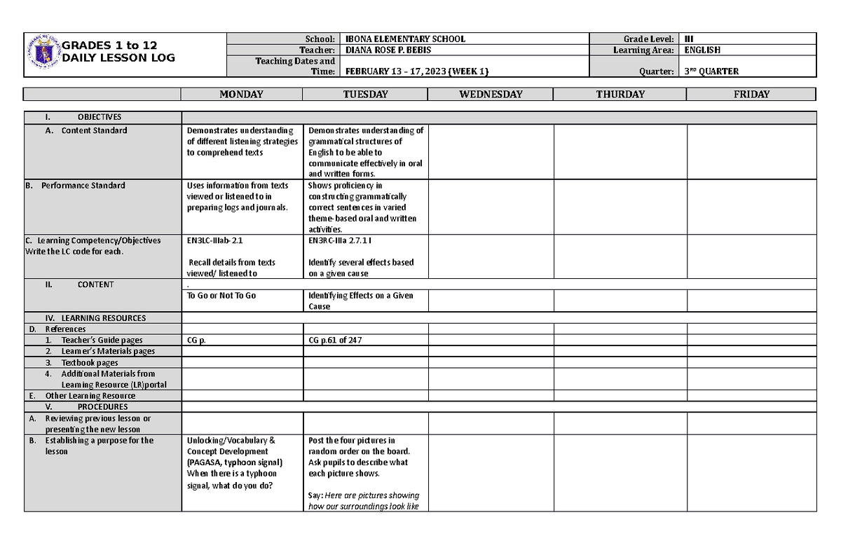 DLL English 3 Q3 W1 - so interesting - GRADES 1 to 12 DAILY LESSON LOG ...