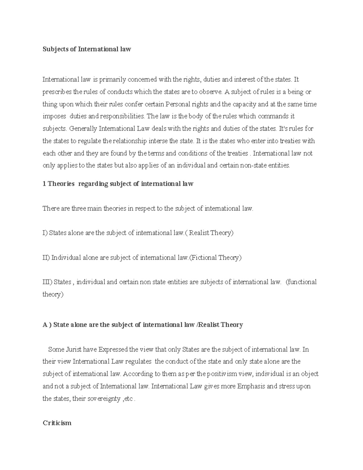 Subjects of International law - Public international Law - KSLU - Studocu