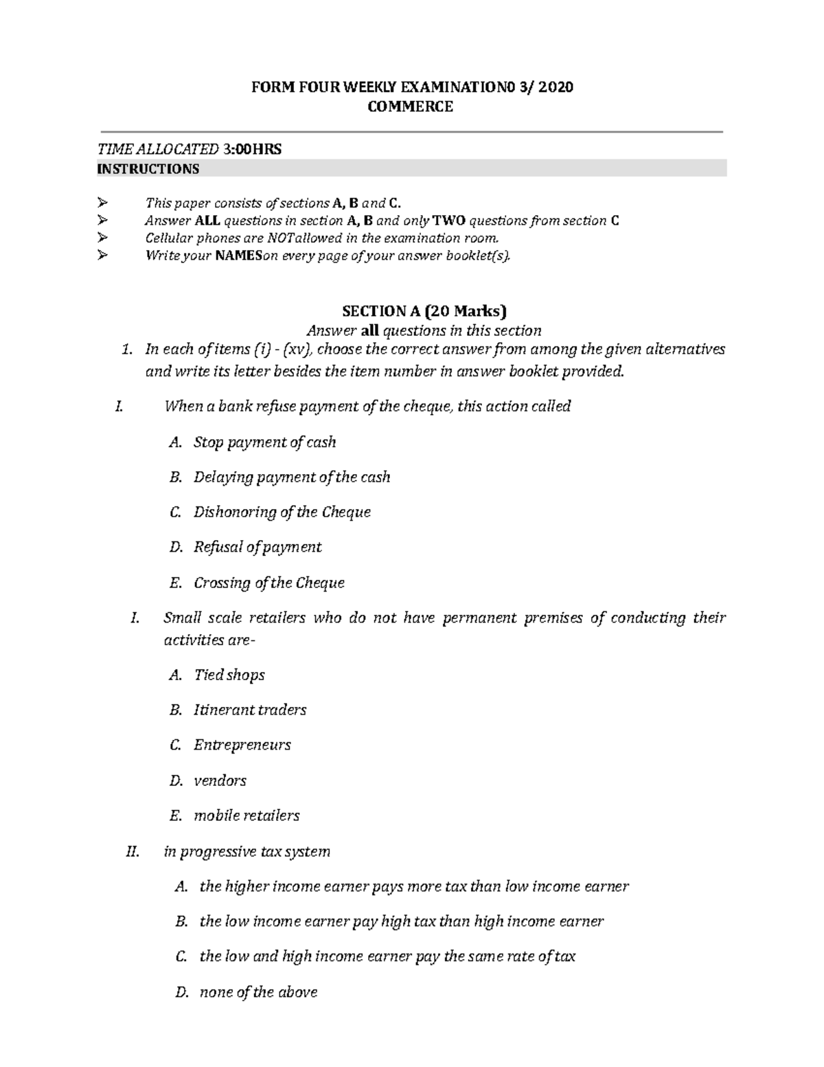 Commerce Series 5 - Do it - FORM FOUR WEEKLY EXAMINATION0 3/ 2020 ...