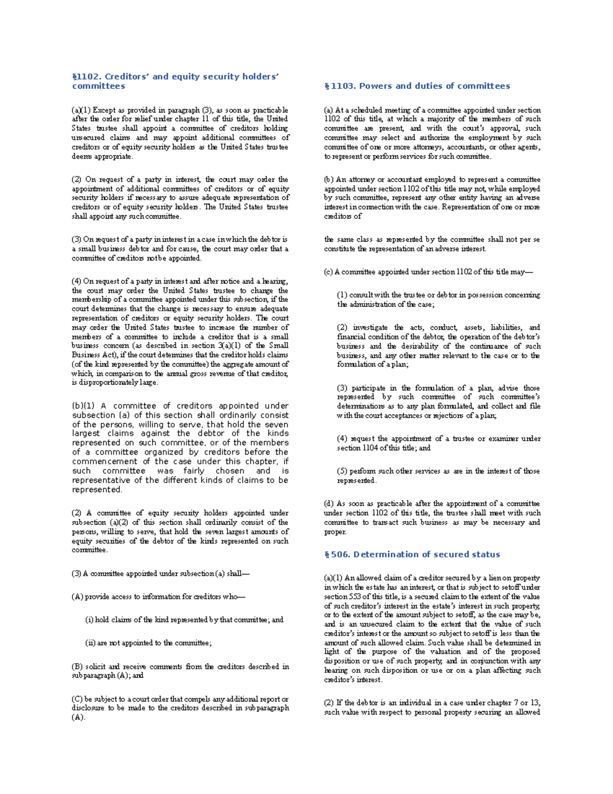 Bankruptcy Worksheet 3 Laws §1102. Creditors’ and equity security