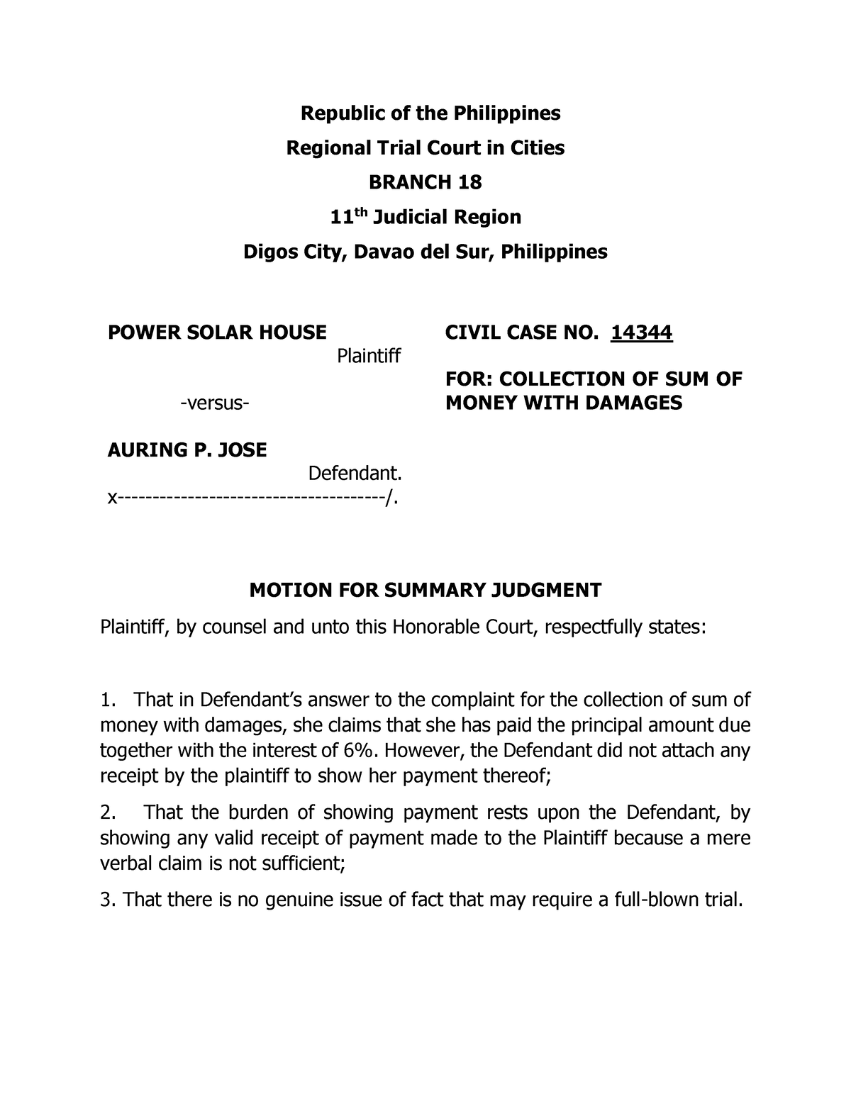 Motion For Summary Judgment Republic of the Philippines Regional