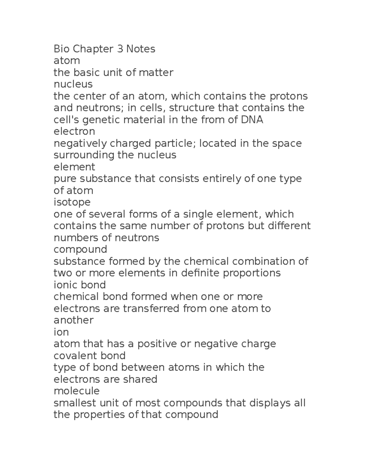 Bio Chapter 3 Notes - Bio Chapter 3 Notes atom the basic unit of matter ...