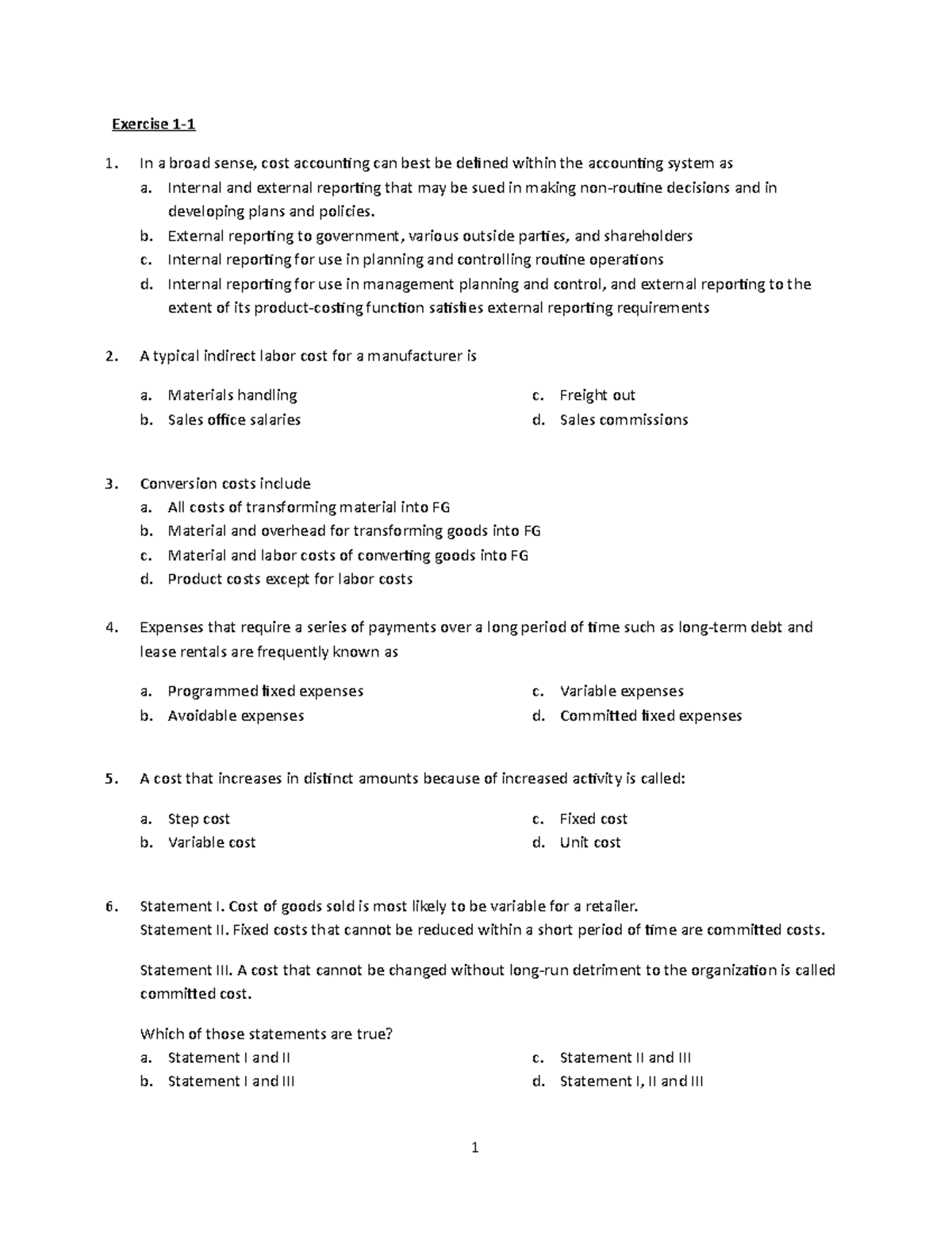 421603696 Cost Concepts and Classifications - Exercise 1- In a broad ...