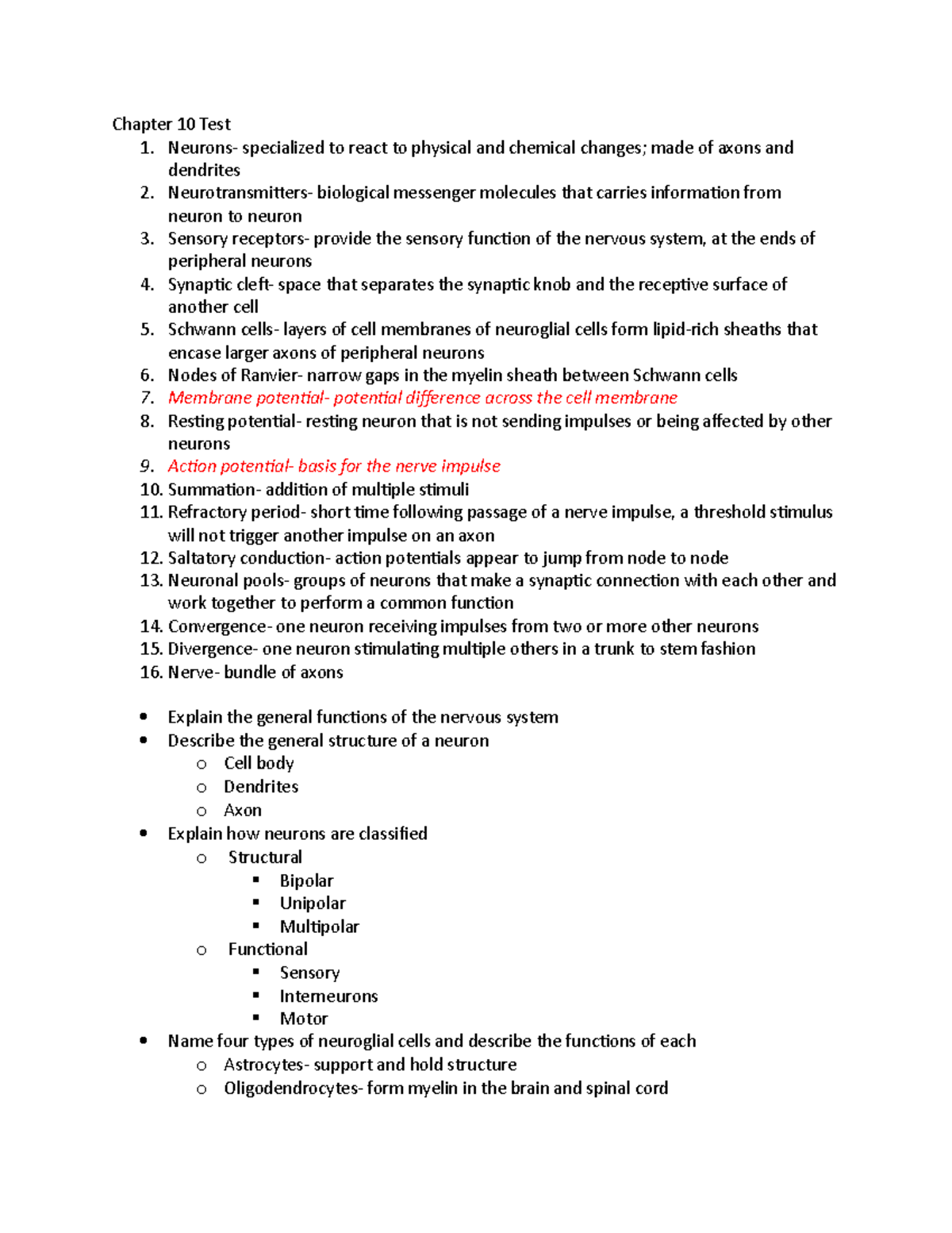 Chapter 10 Test Chapter 10 Test 1. Neurons specialized to react to