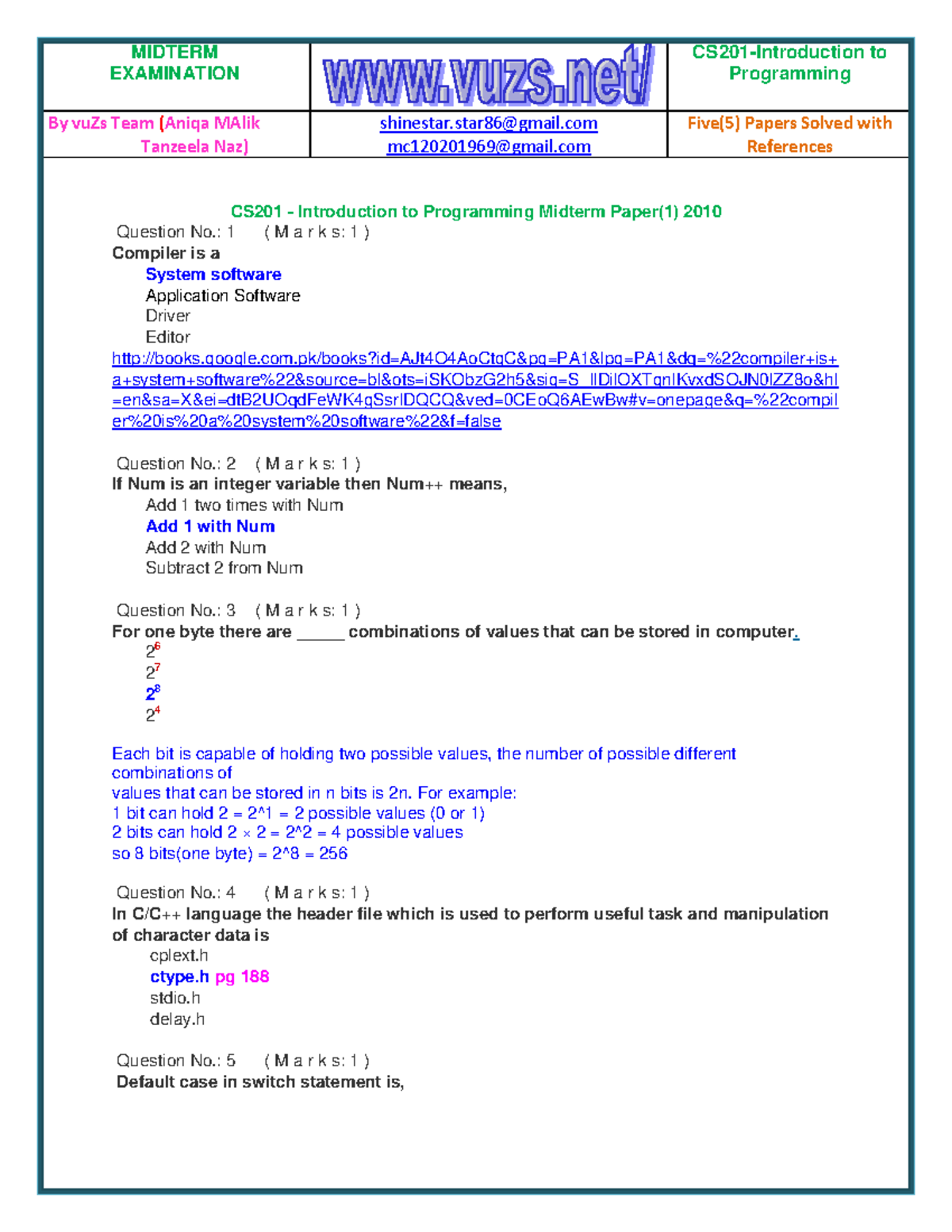 Introduction To Programming CS201 2010 Mid Term Paper - CS201 ...