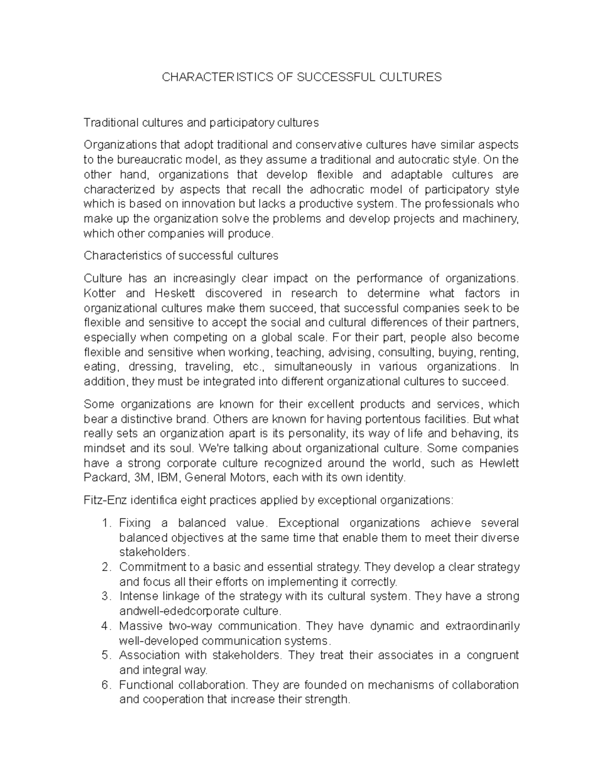CHARACTERISTICS OF SUCCESSFUL CULTURES - CHARACTERISTICS OF SUCCESSFUL ...