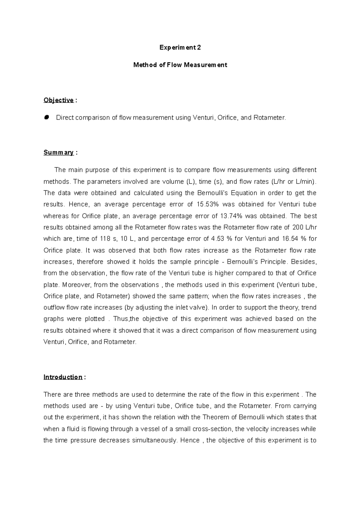 FM Experiment 2 (full) Experiment 2 Method of Flow Measurement