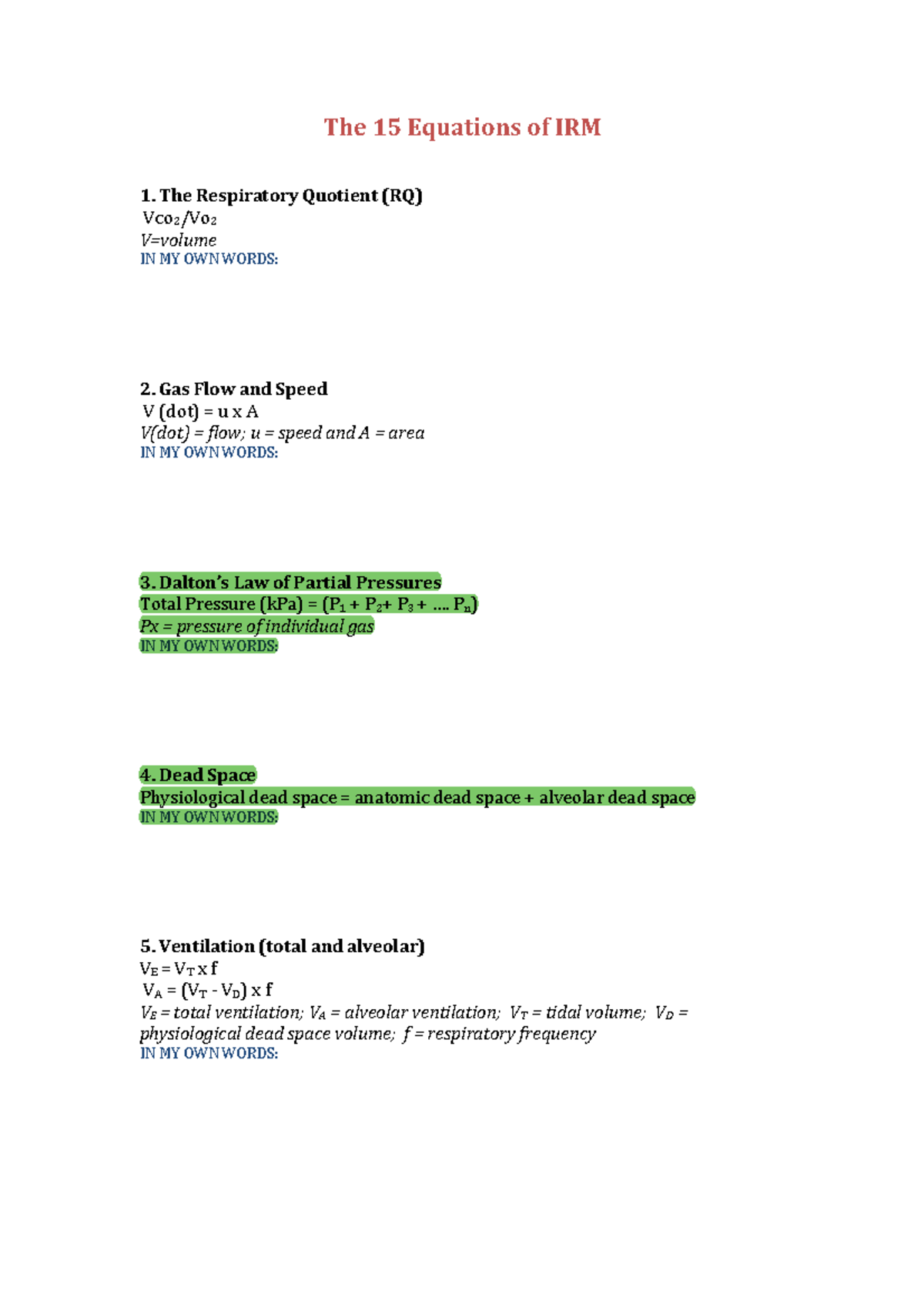 List of equations for IRM - The 15 Equations of IRM 1. The Respiratory ...