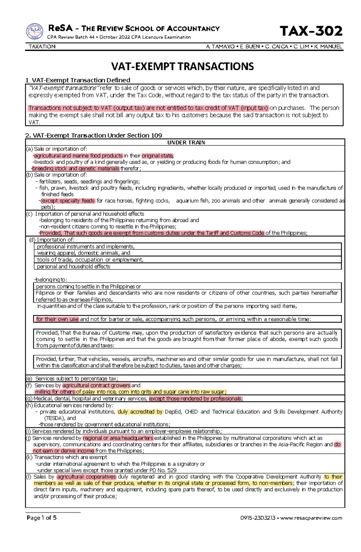 632715098 TAX 302 VAT Exempt Transactions pdf ReSA THE REVIEW SCHOOL OF ACCOUNTANCY CPA
