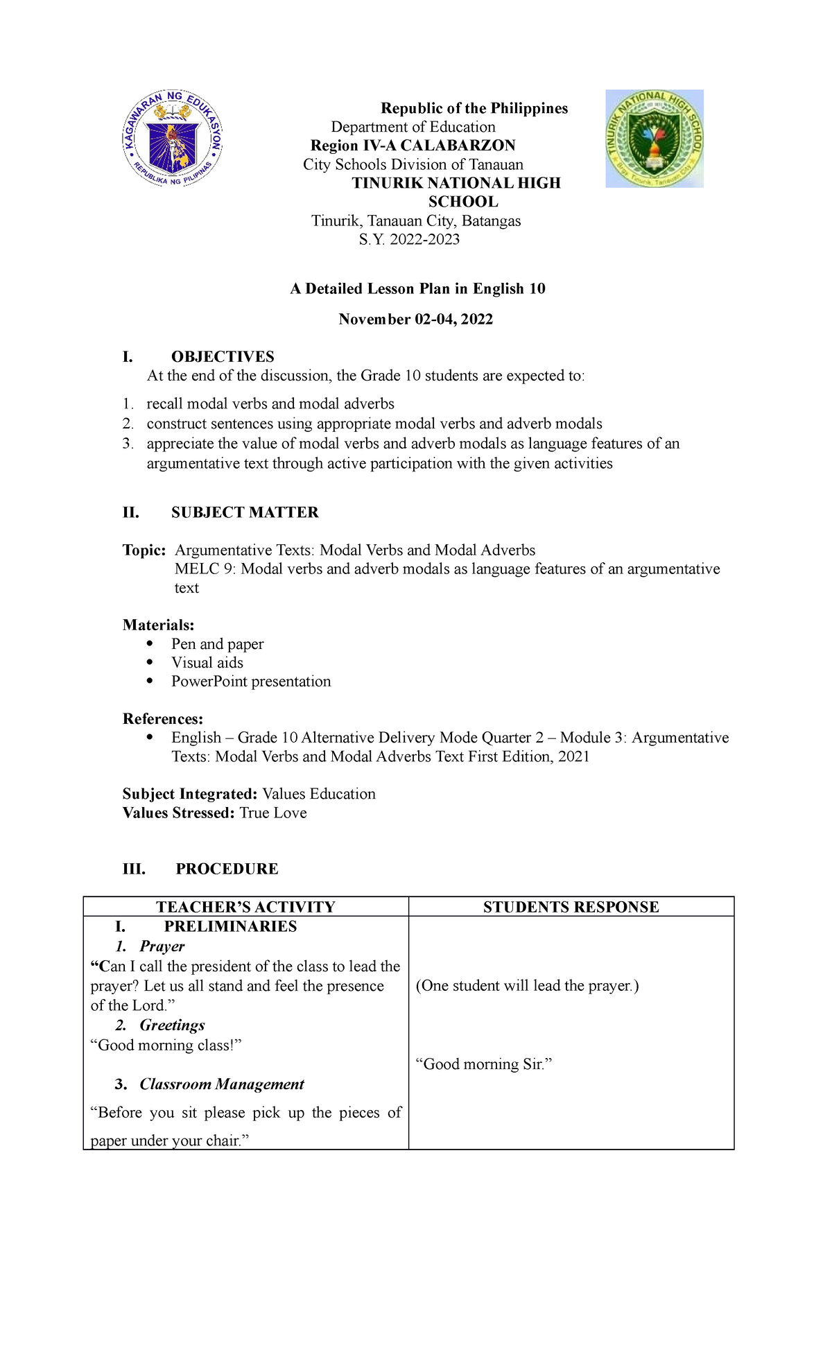 Qtr2 week3 LP - Lesson plans for grade 10 - Republic of the Philippines ...