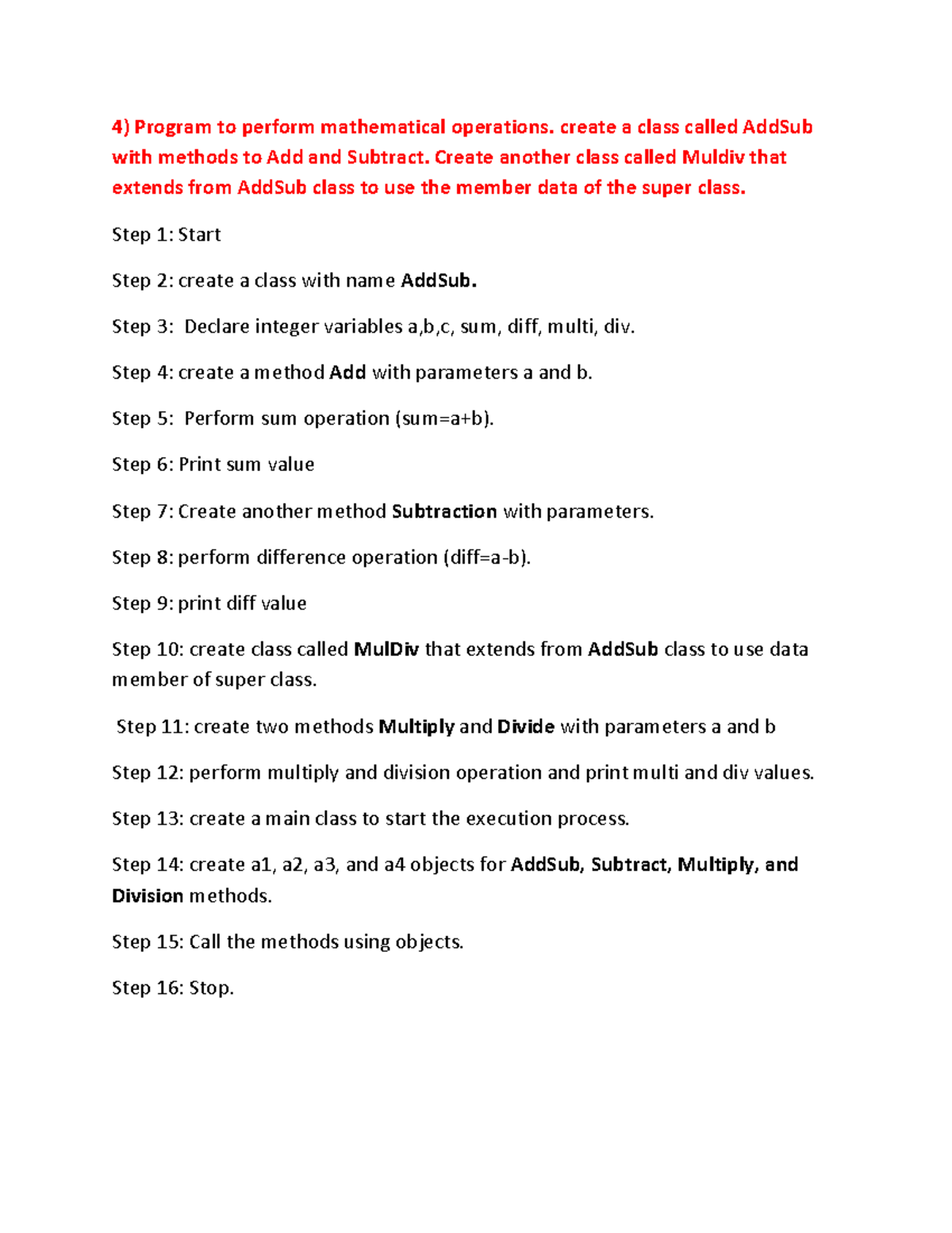 Algorithm for lab program - Program to perform mathematical operations ...