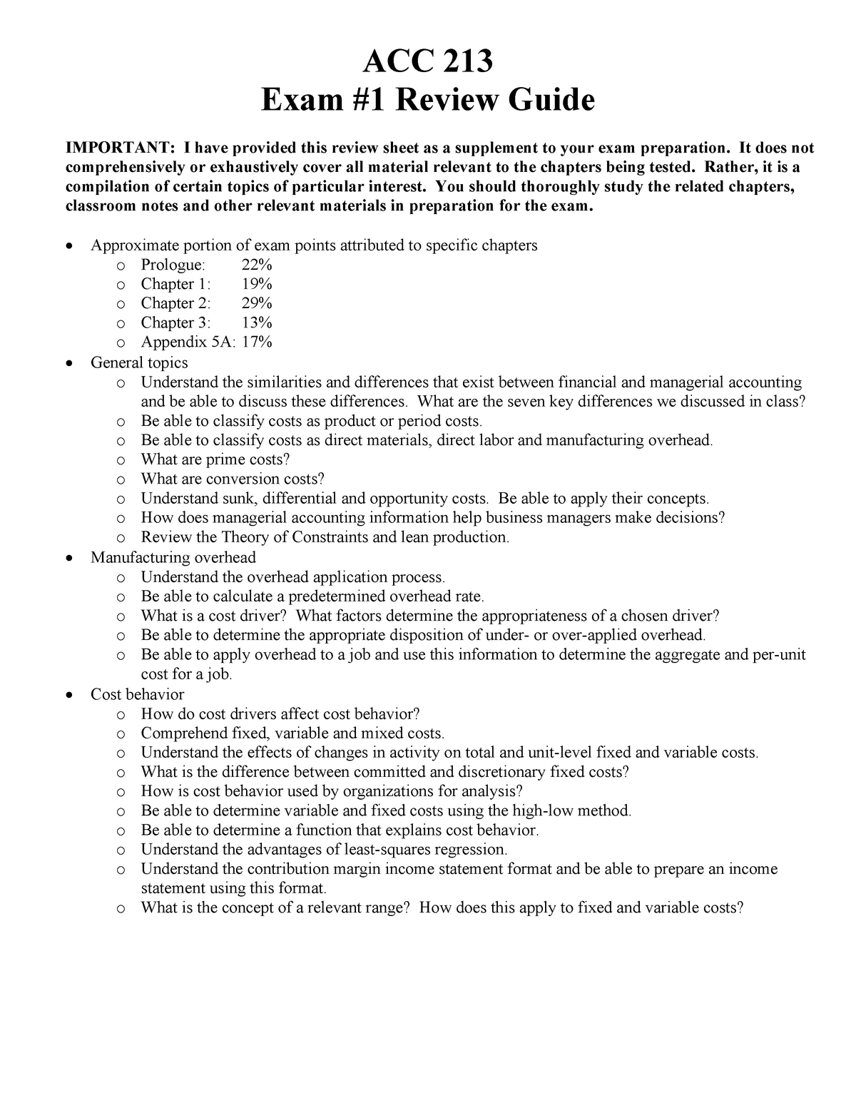 Exam 1 review - ACC 213 Principles Of Managerial Accounting - StuDocu