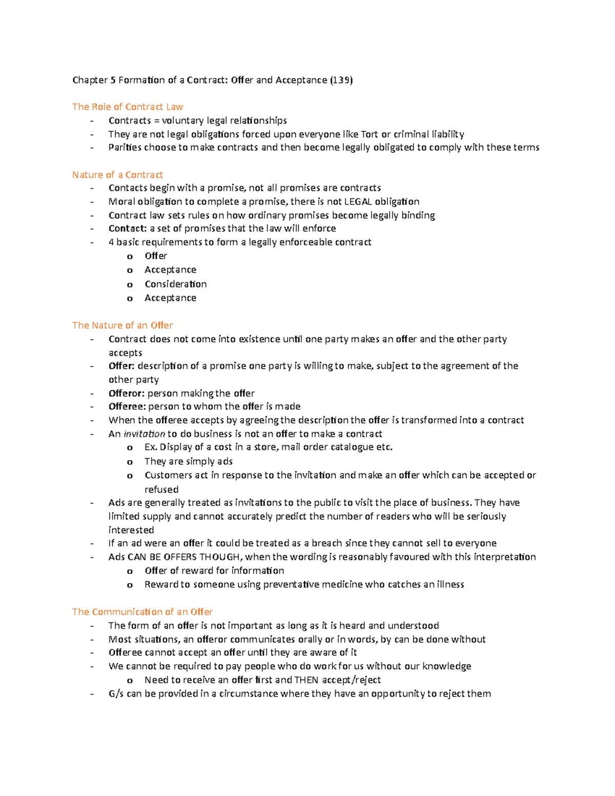 Chapter 5 Contract Offer and Acceptance - Chapter 5 Formation of a ...