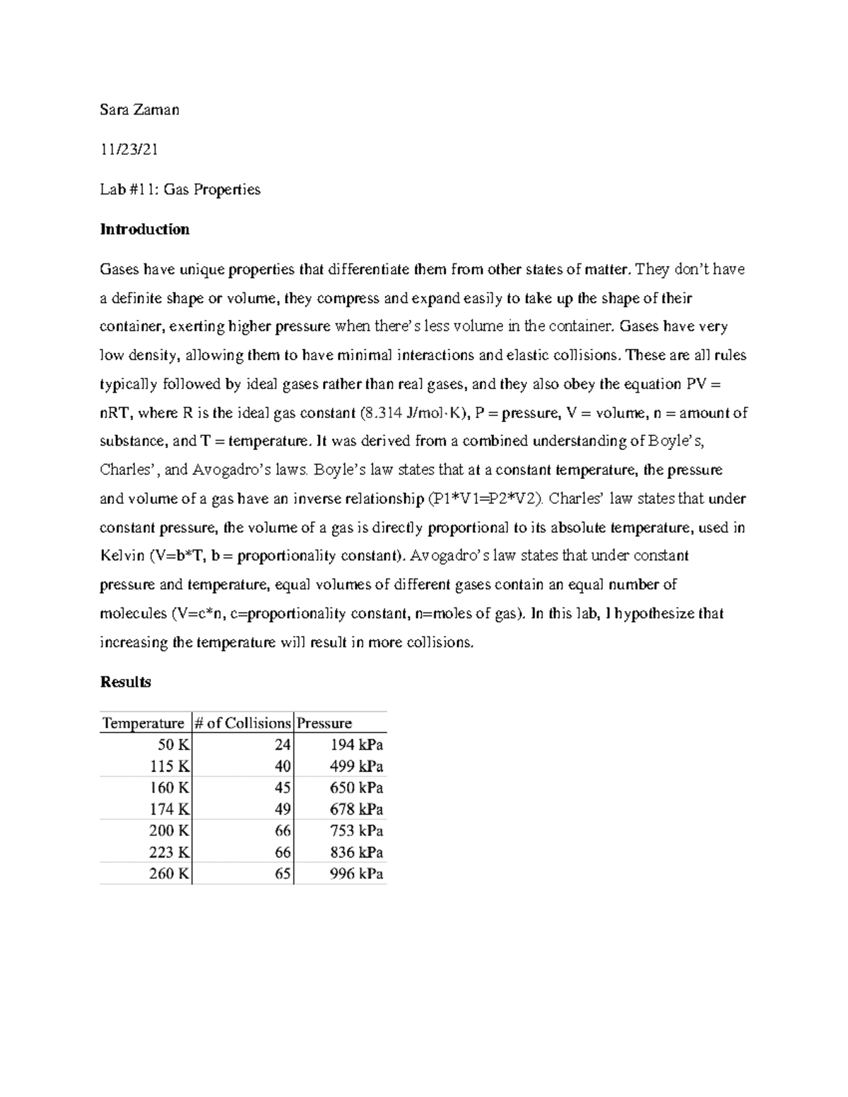Lab 11 Gas Properties lab report Sara Zaman 11/23/ Lab 11 Gas