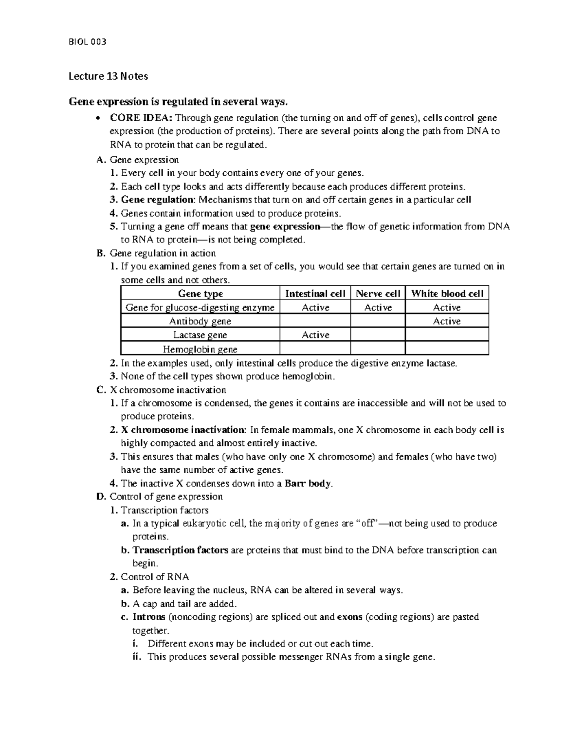 Lecture 13 Notes, Gene Regulation Lecture 13 Notes Gene expression is