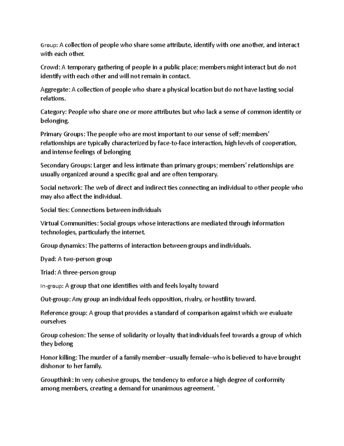 Intro to soc chapter 5 - Notes - Group: A collection of people who ...