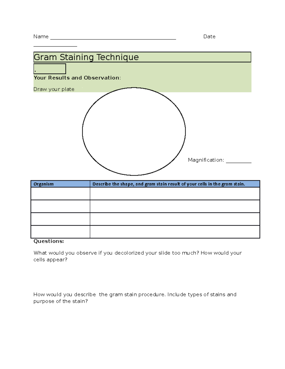 Gram stain technique Lab worksheet - Name - Studocu