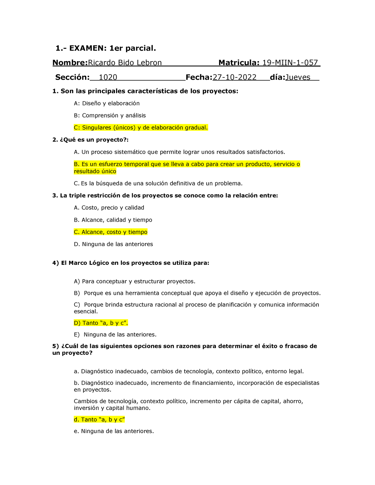 Examen De Proyectos Act25.10.22 (1) - 1.- EXAMEN: 1er Parcial. Nombre ...