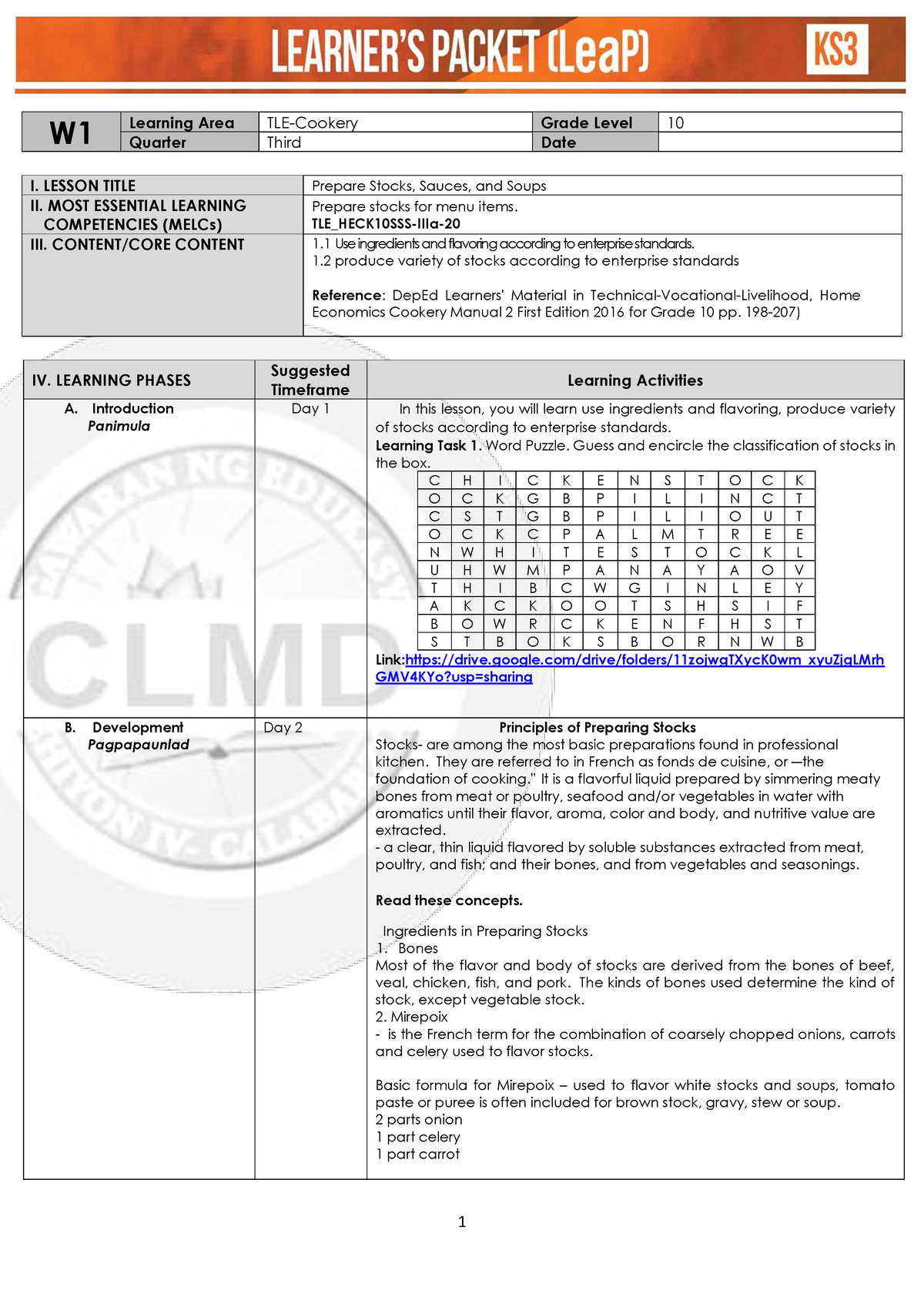 TLE Cookery 10 Week1 - Stocks - W Learning Area TLE-Cookery Grade Level ...