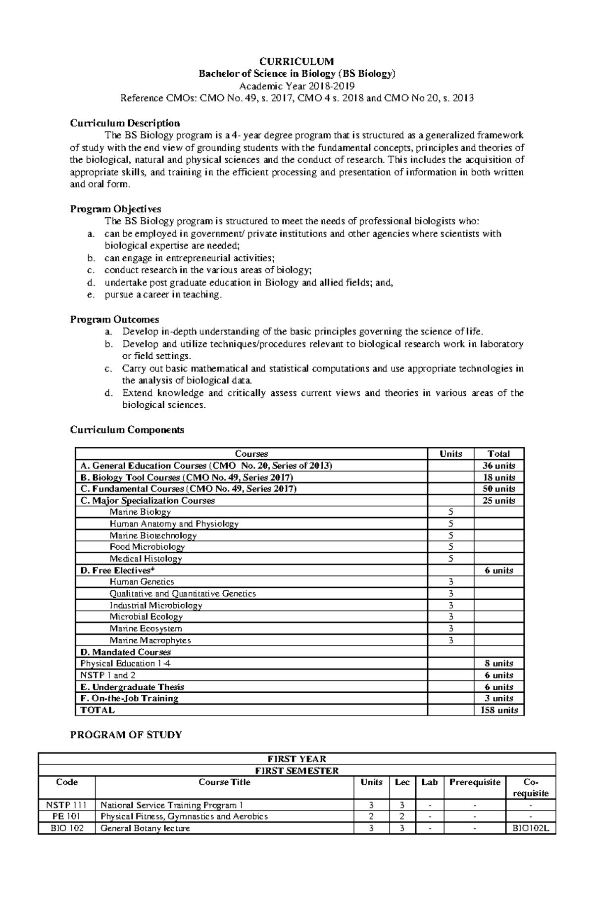 Bachelor of Science in Biology BS Biology - CURRICULUM Bachelor of ...