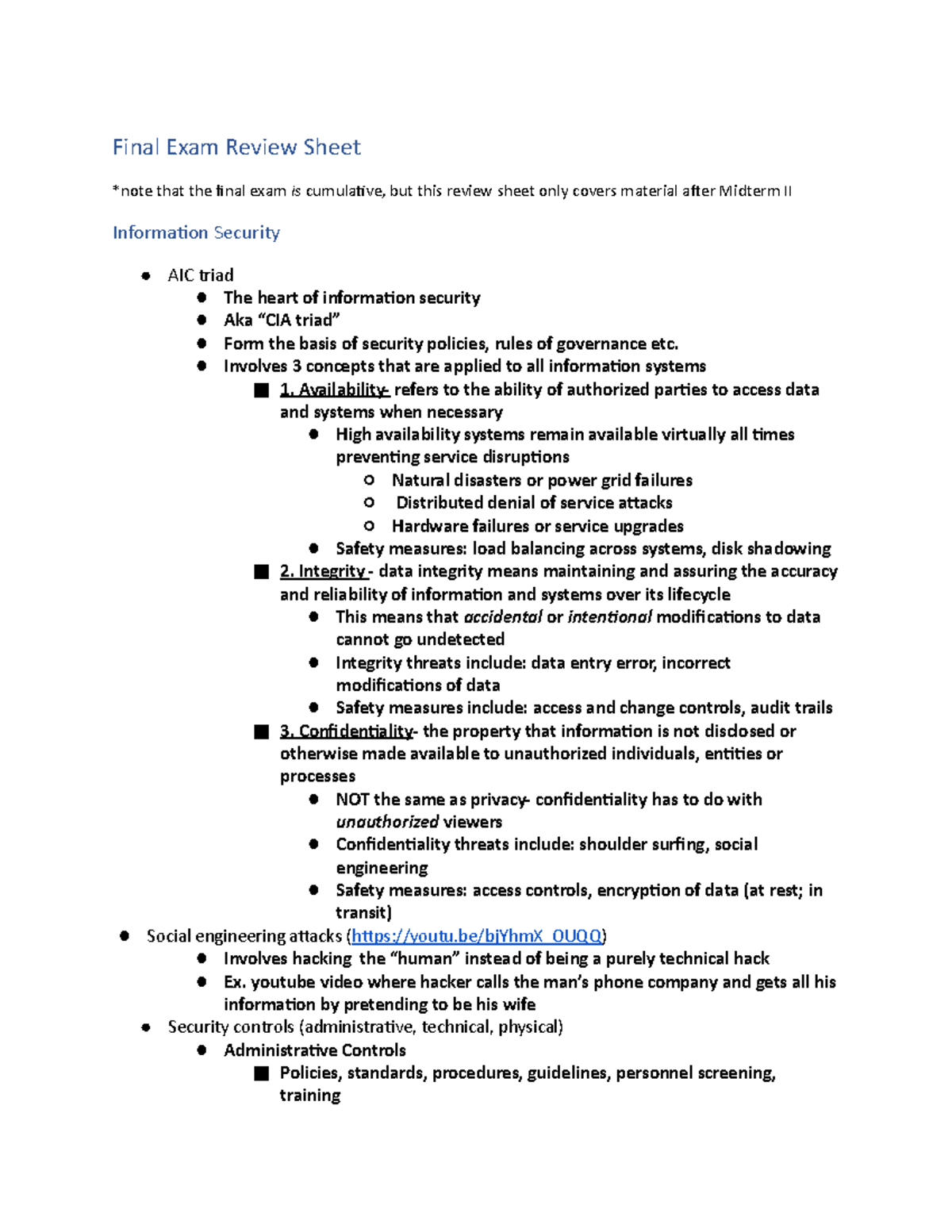 MIST Final Exam Review Final Exam Review Sheet *note that the final
