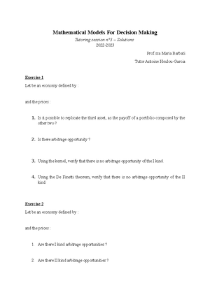 Tutoring session n°1 – Exercises - Mathematical Models For Decision ...