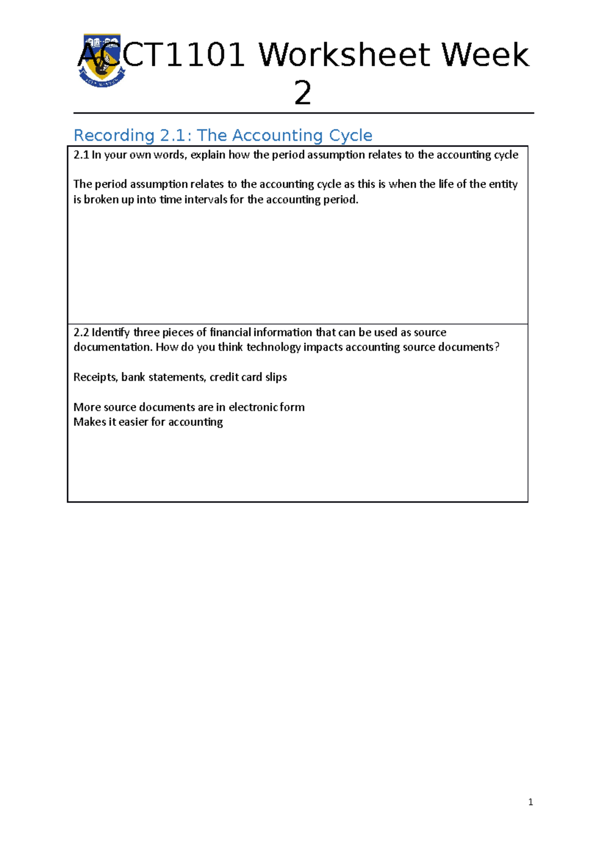 ACCT1101 Worksheet Week2 - ACCT1101 Worksheet Week 2 Recording 2: The ...