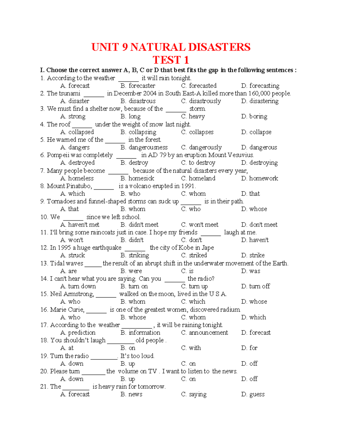 Bài tập tiếng anh 9 cũ Unit 9 - UNIT 9 NATURAL DISASTERS TEST 1 I ...