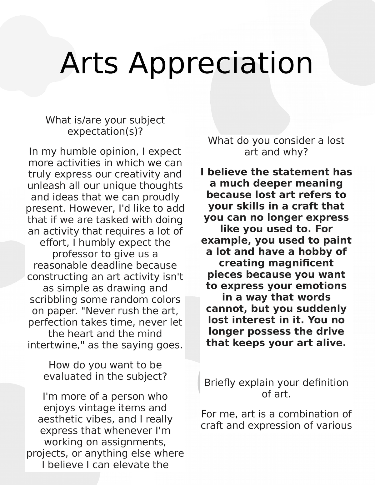 essay about art appreciation brainly