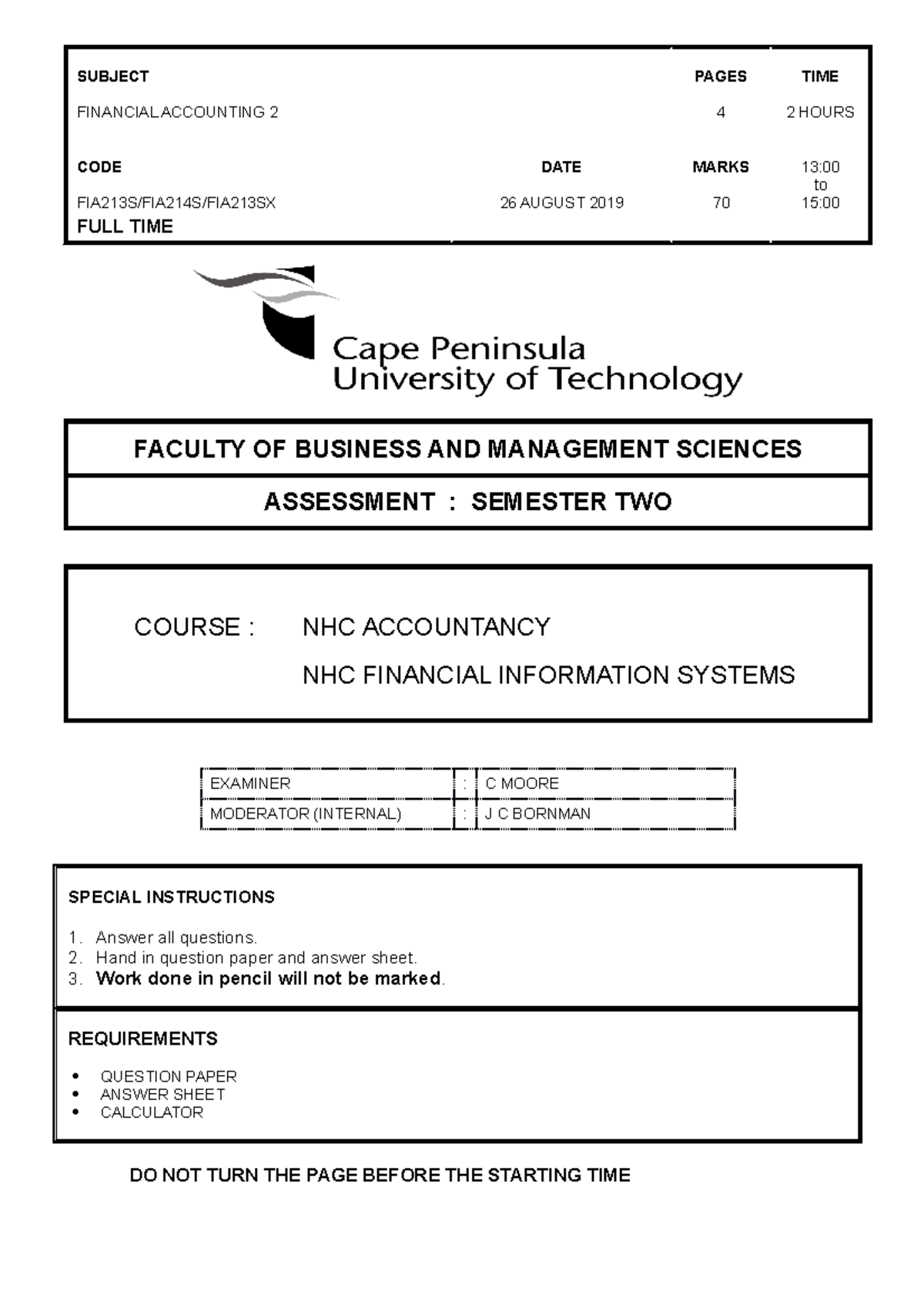 AUG 2019 Formal TEST 3 - FINANCIAL ACCOUNTING QUESTION PAPER - SUBJECT ...