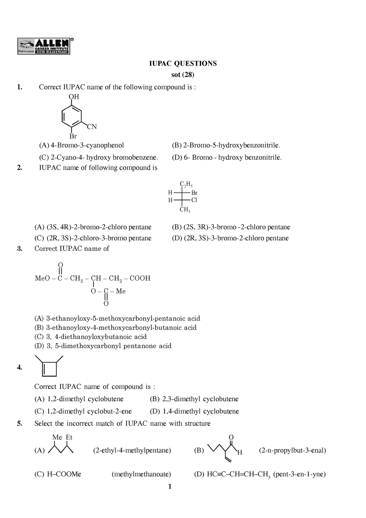 Iupac Question Student Copy - Path to success KOTA (RAJASTHAN) IUPAC ...