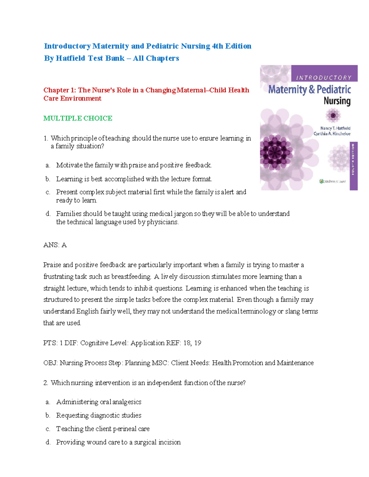 Introductory Maternity and Pediatric Nursing 4th Edition Test Bank