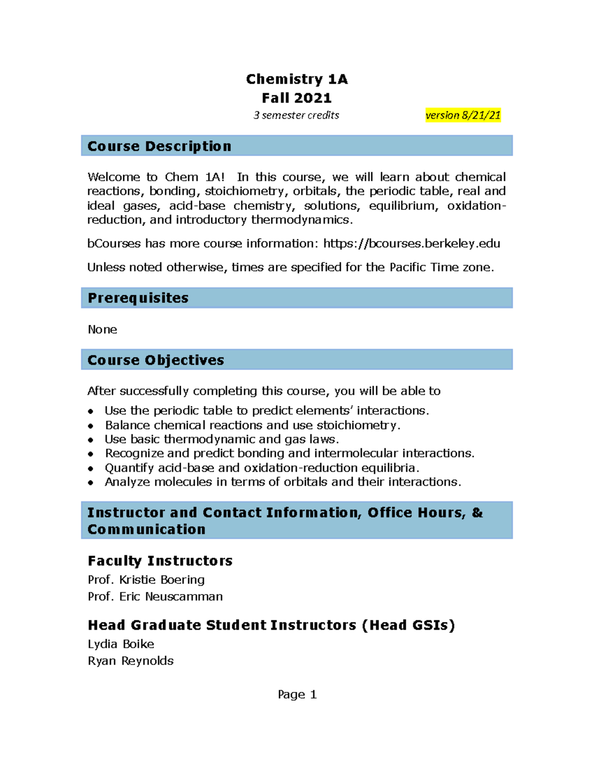 Chem1A F21-syllabus-complete-20210821 - Chemistry 1A Fall 2021 3 ...