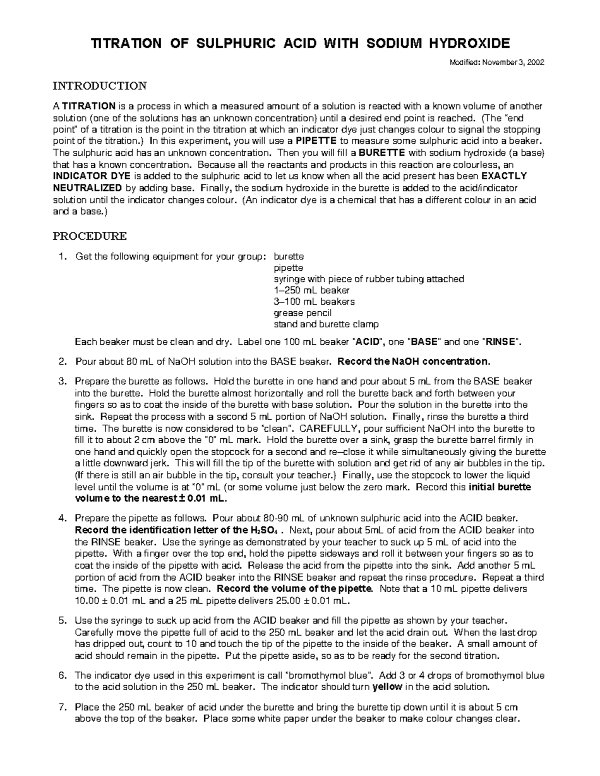 H2SO4Na OH Titration lab report TITRATION OF SULPHURIC ACID WITH