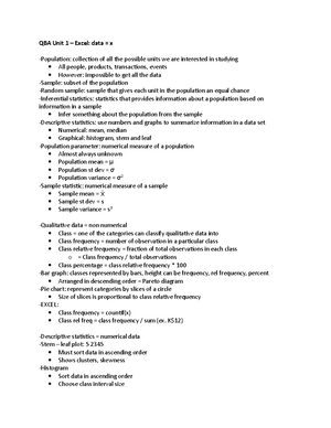 QBA 120 Exam 1 Review Guide - QBA Unit 1 – Excel: data = x -Population ...