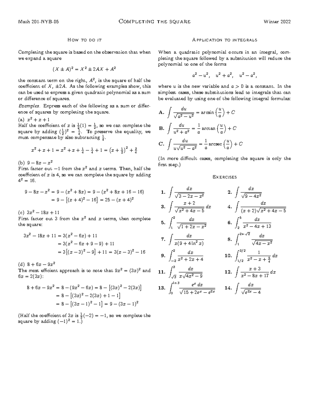 Completingsquare - Practice - Math 201-NYB-05 Completing the square ...