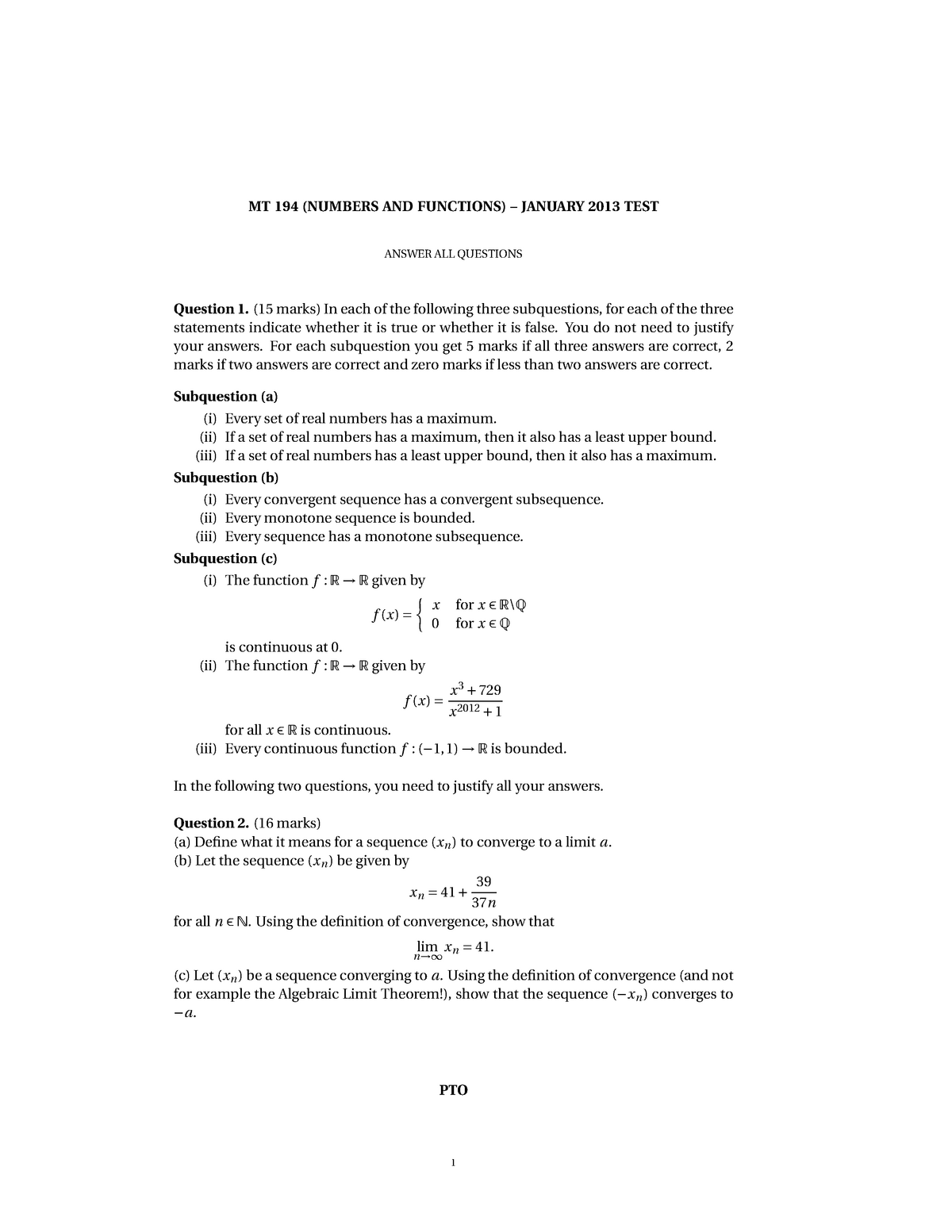 MT1940 2013 Jan Test - MT 194 (NUMBERS AND FUNCTIONS) – JANUARY 2013 ...