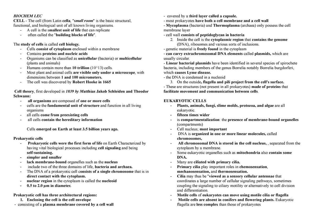 Biochemistry Lecture - Biochem Lec Cell - The Cell (from Latin Cella 