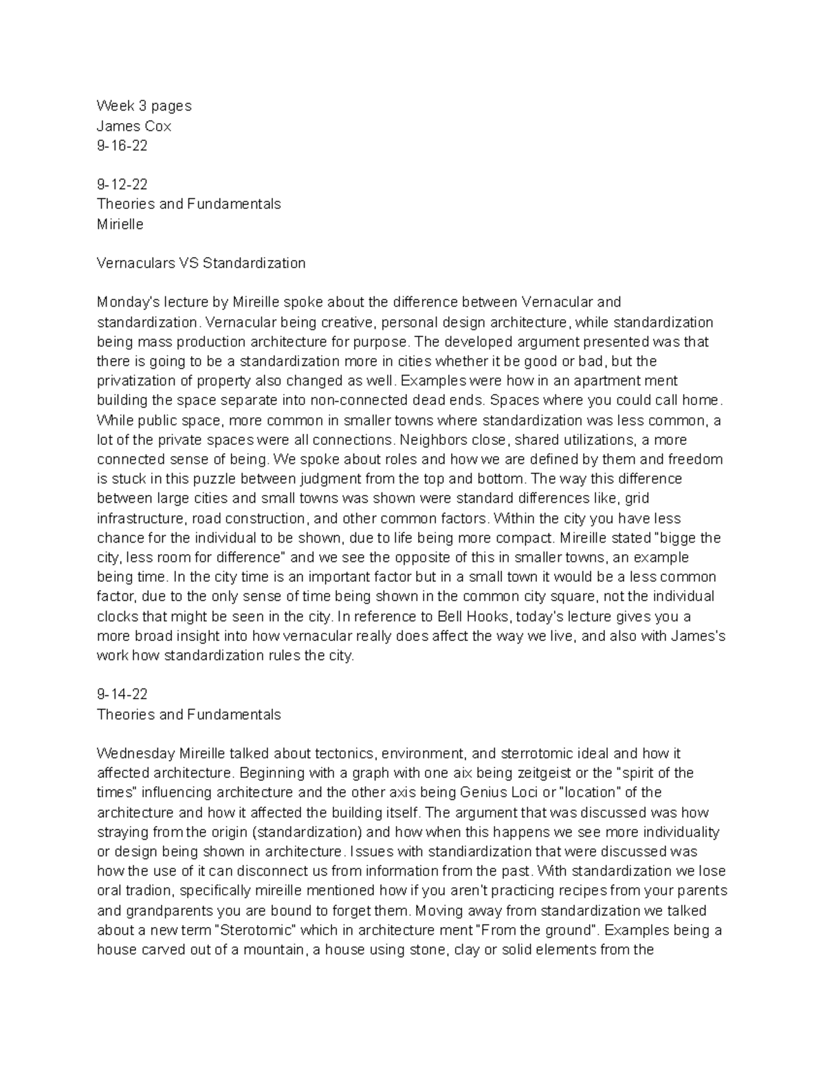 Week 3 pages - Required notes for study - Week 3 pages James Cox 9-16 ...