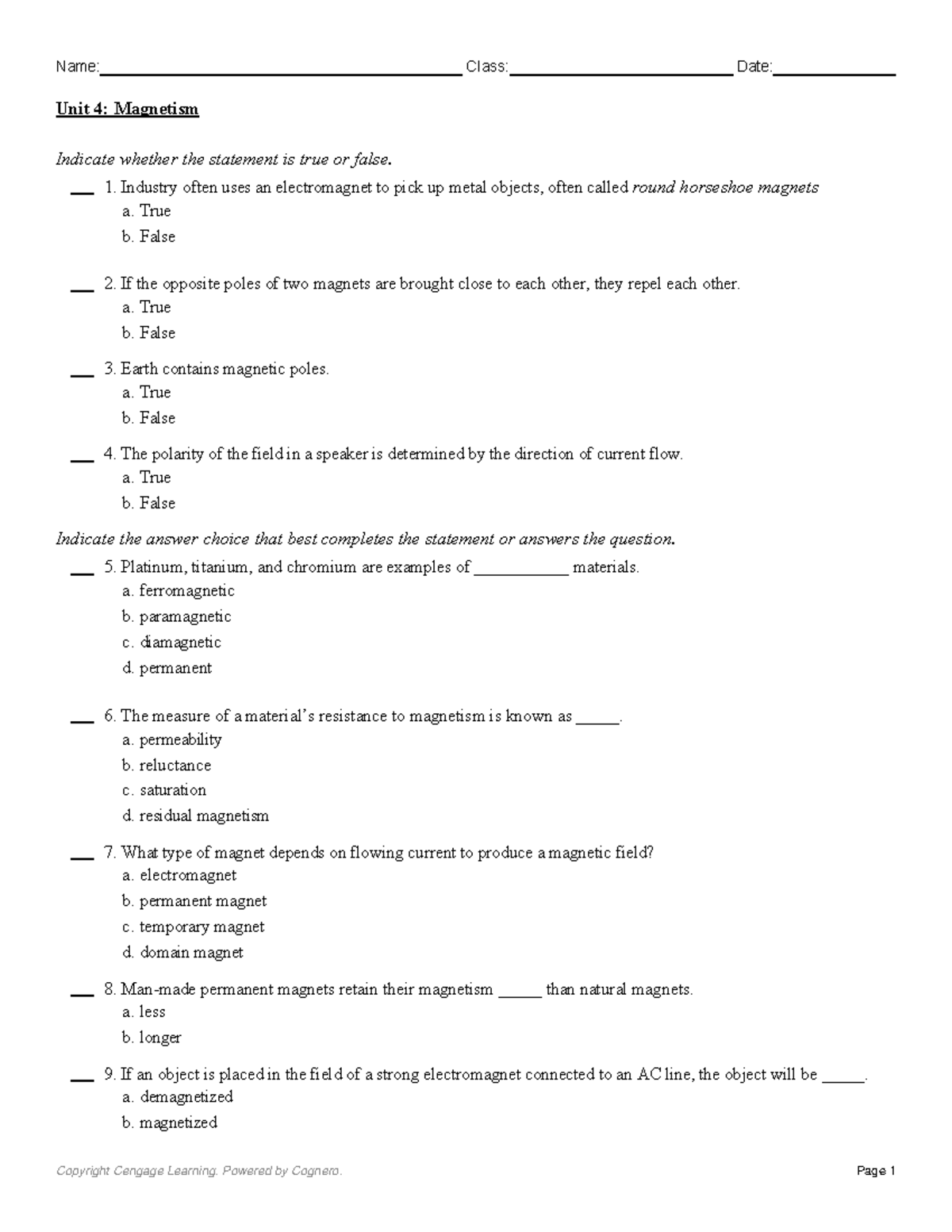 Unit 4 Magnetism - electrical block practice - Indicate whether the ...