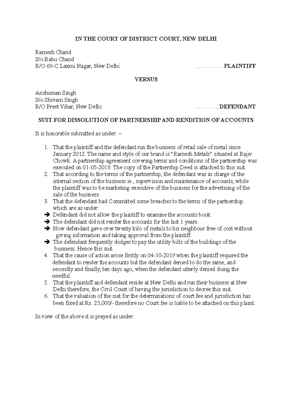 Dissolution of Partnership Suit - IN THE COURT OF DISTRICT COURT, NEW ...