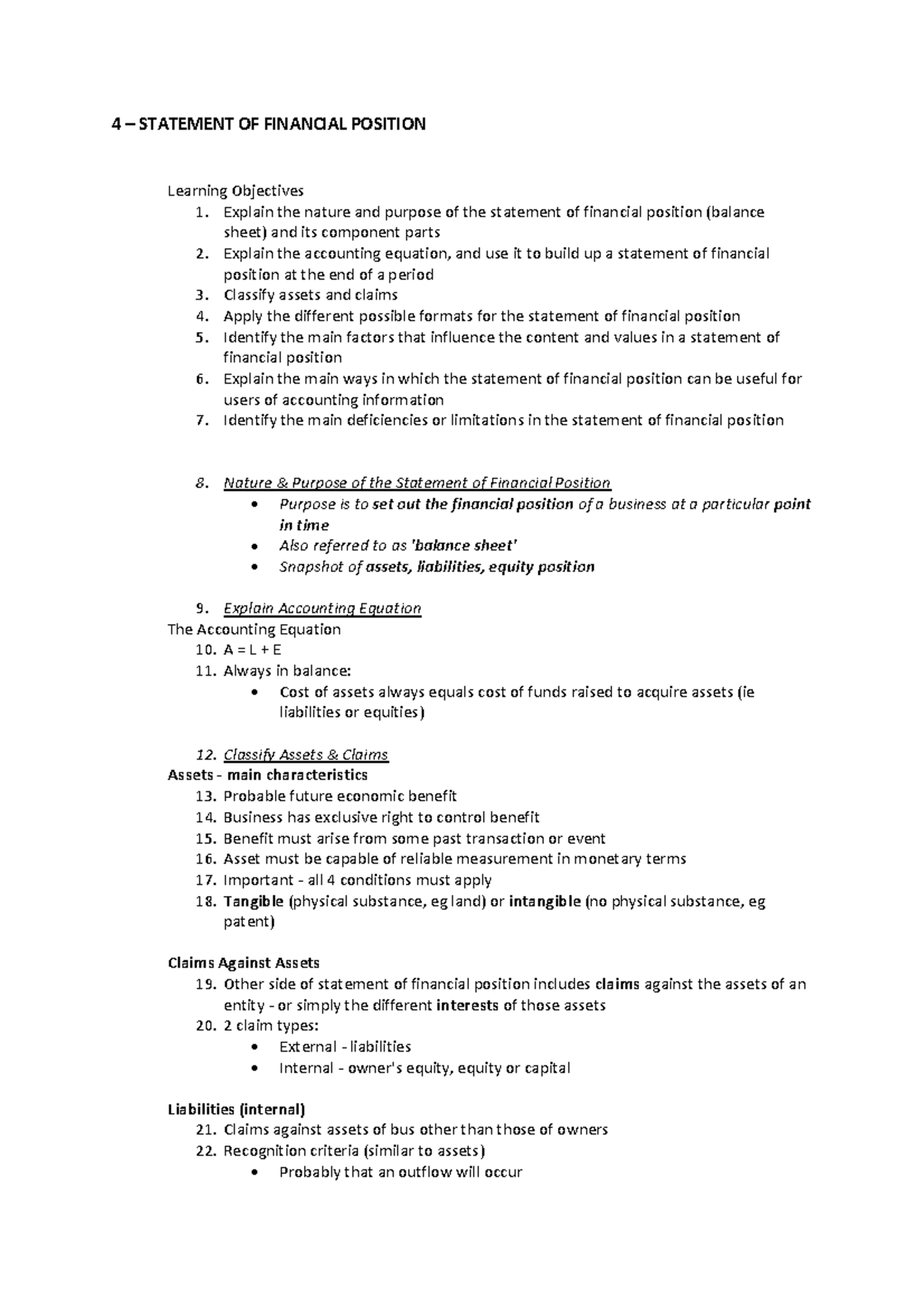 ACFI1001 4 - lecture notes - 4 – STATEMENT OF FINANCIAL POSITION ...