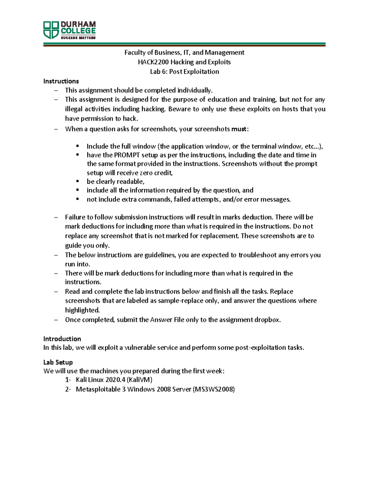 Lab6-Post Exploitation - Faculty of Business, IT, and Management ...