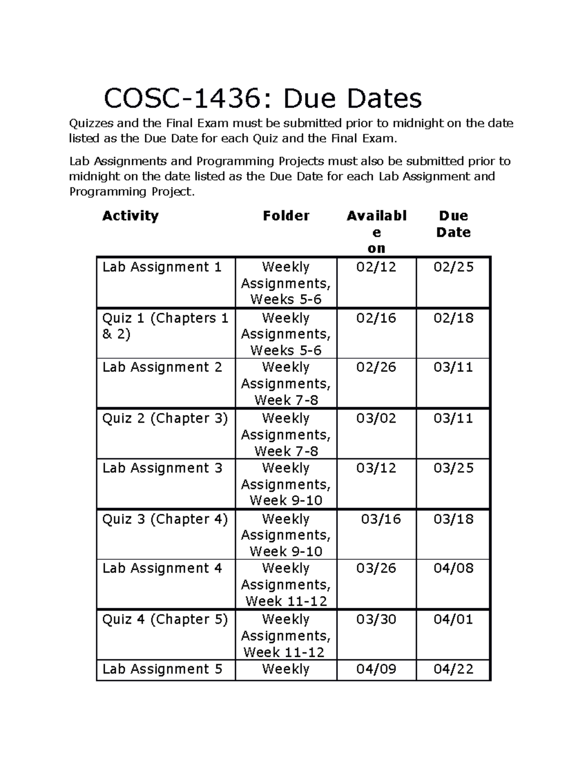 cosc-1436-due-dates-code-project-cosc-1436-due-dates-quizzes-and