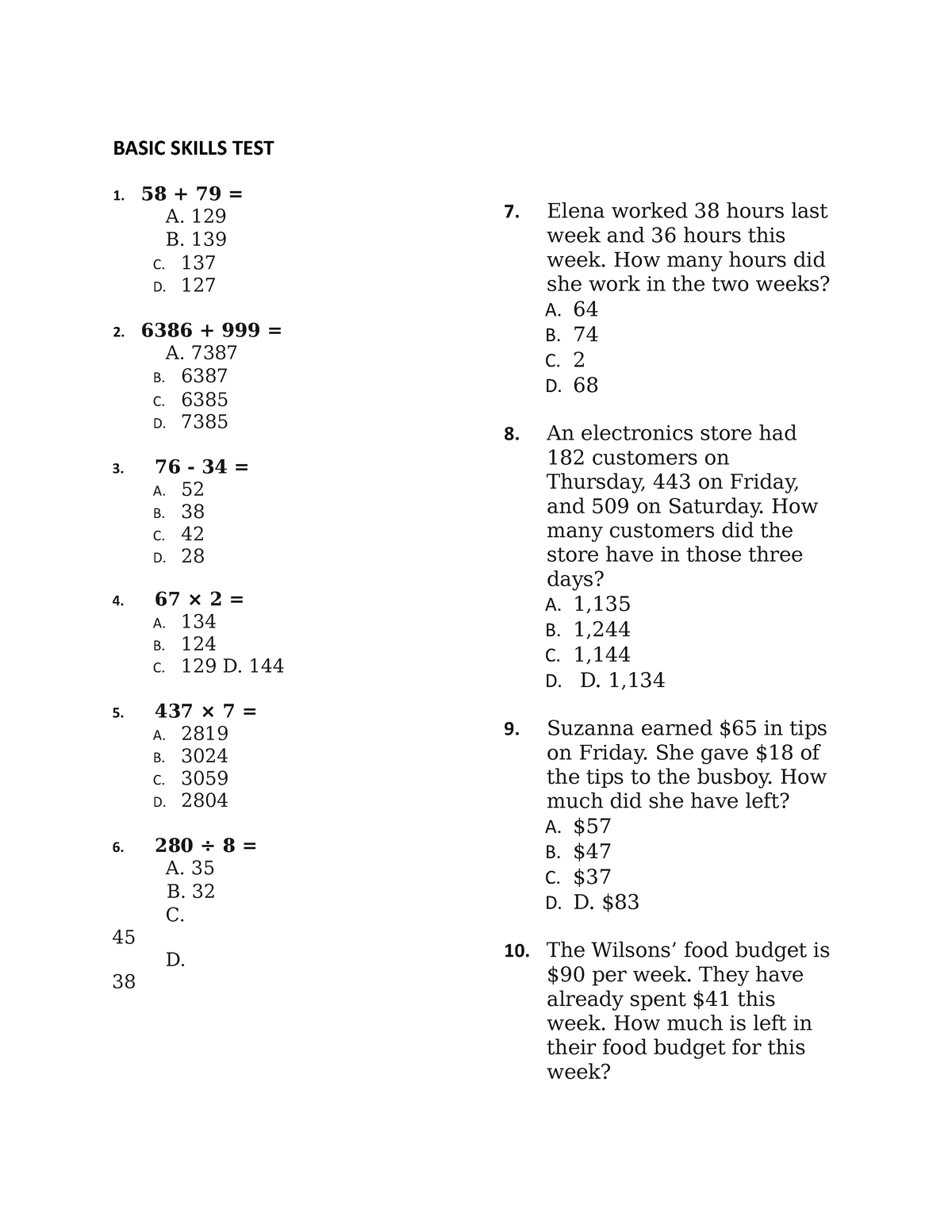 Basic Skills TEST Practice exam for food handling BASIC SKILLS TEST